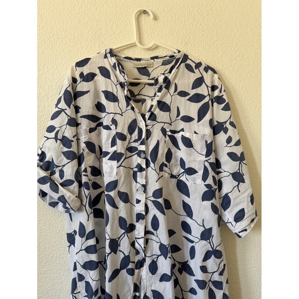 New Collection Womens Blue White Leaf Print Cotton Shirt Dress Tunic Italy 1X - Picture 6 of 16